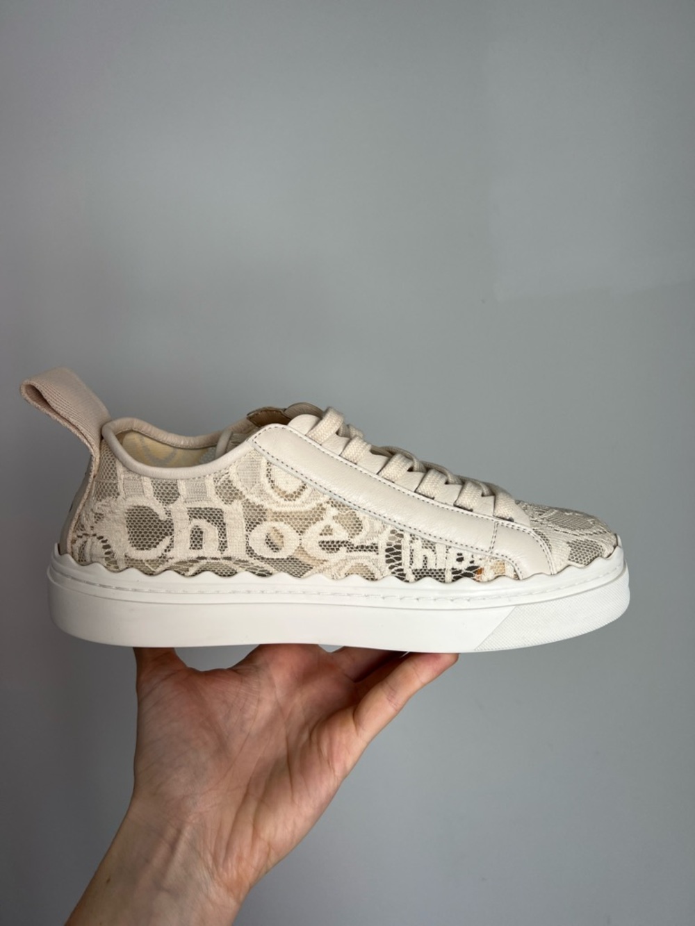 Worn 1x CHLOE Lauren lace mesh sneaker in light beige ecru romantic round toe 40 - Picture 13 of 16